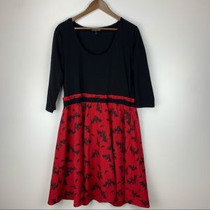 Sourpuss Women’s Red Black Dress Size XXL 2XL Fit Flare Bat Print Gothic